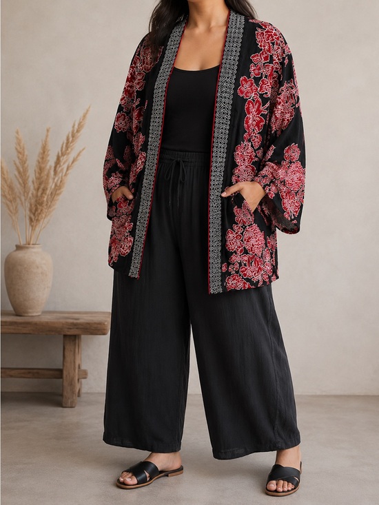 Chiaramente Sweaters - Made in Italy Floral Knit Cardigan Boho Duster Open Front Sweater Size L